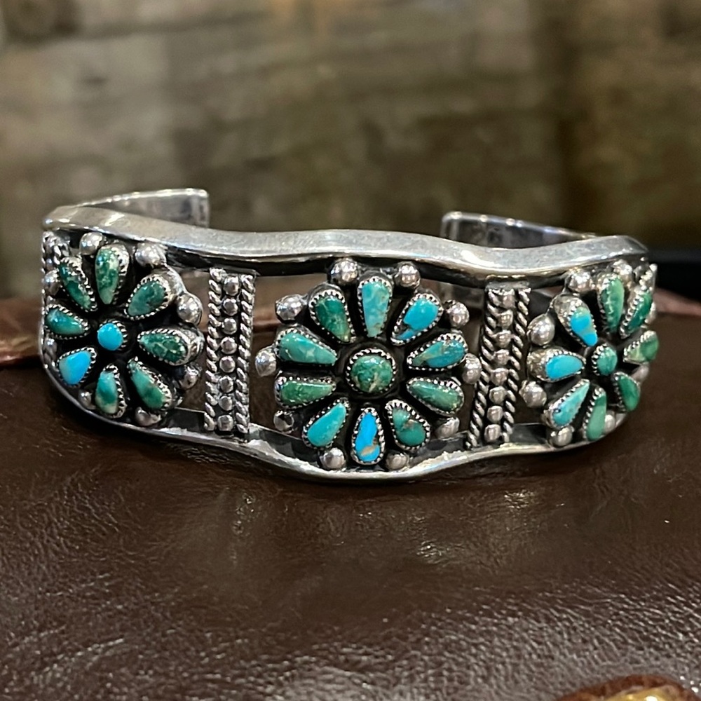 Sterling Zuni Turquoise Flower cuff Bracelet